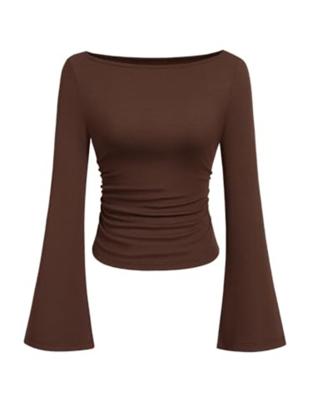 Womens Ribbed Knit Bell Long Sleeve Boat Neck Fitted Crop Top